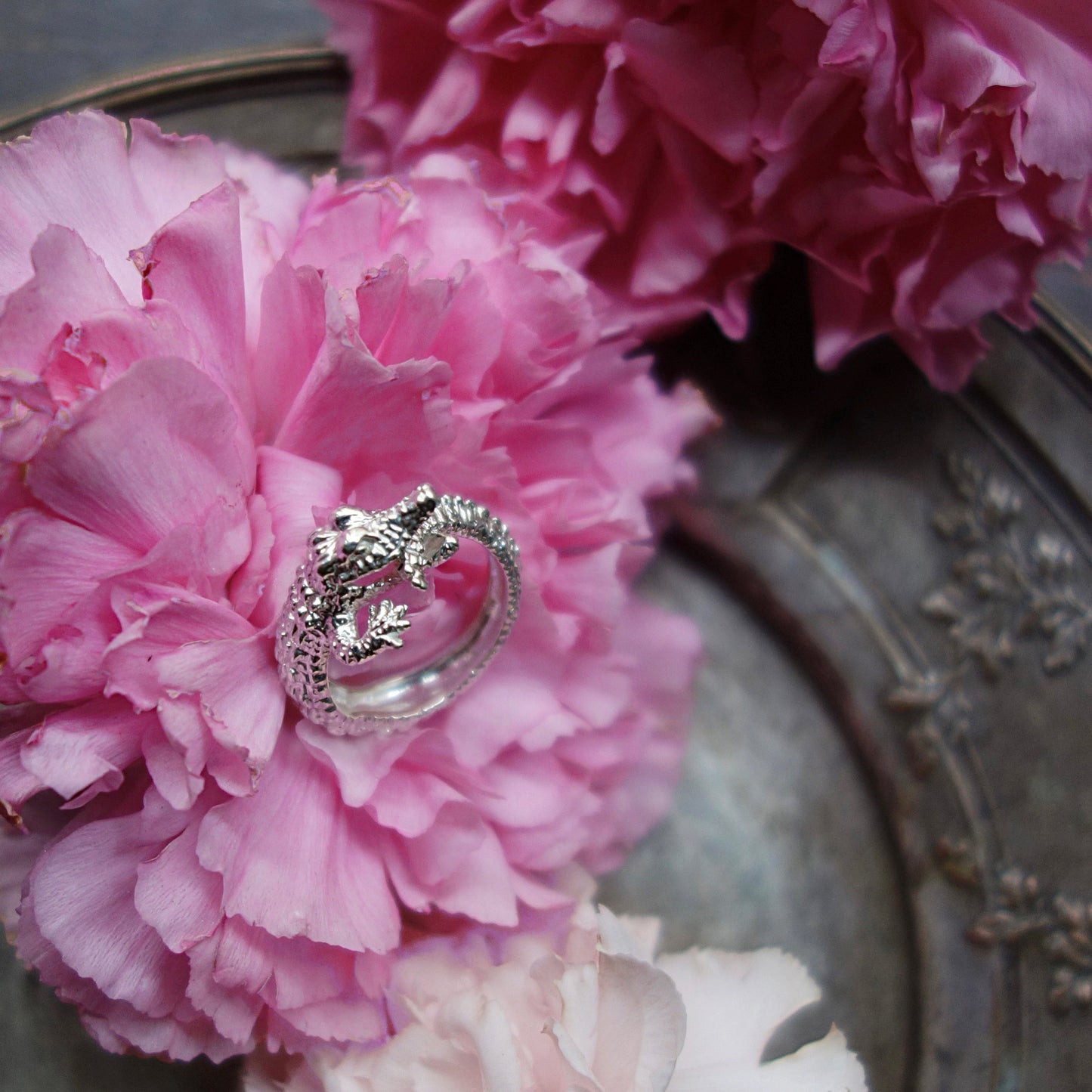 Crocodile ring in silver925 displayed among flowers - poetic handmade animal jewelry from Paris.