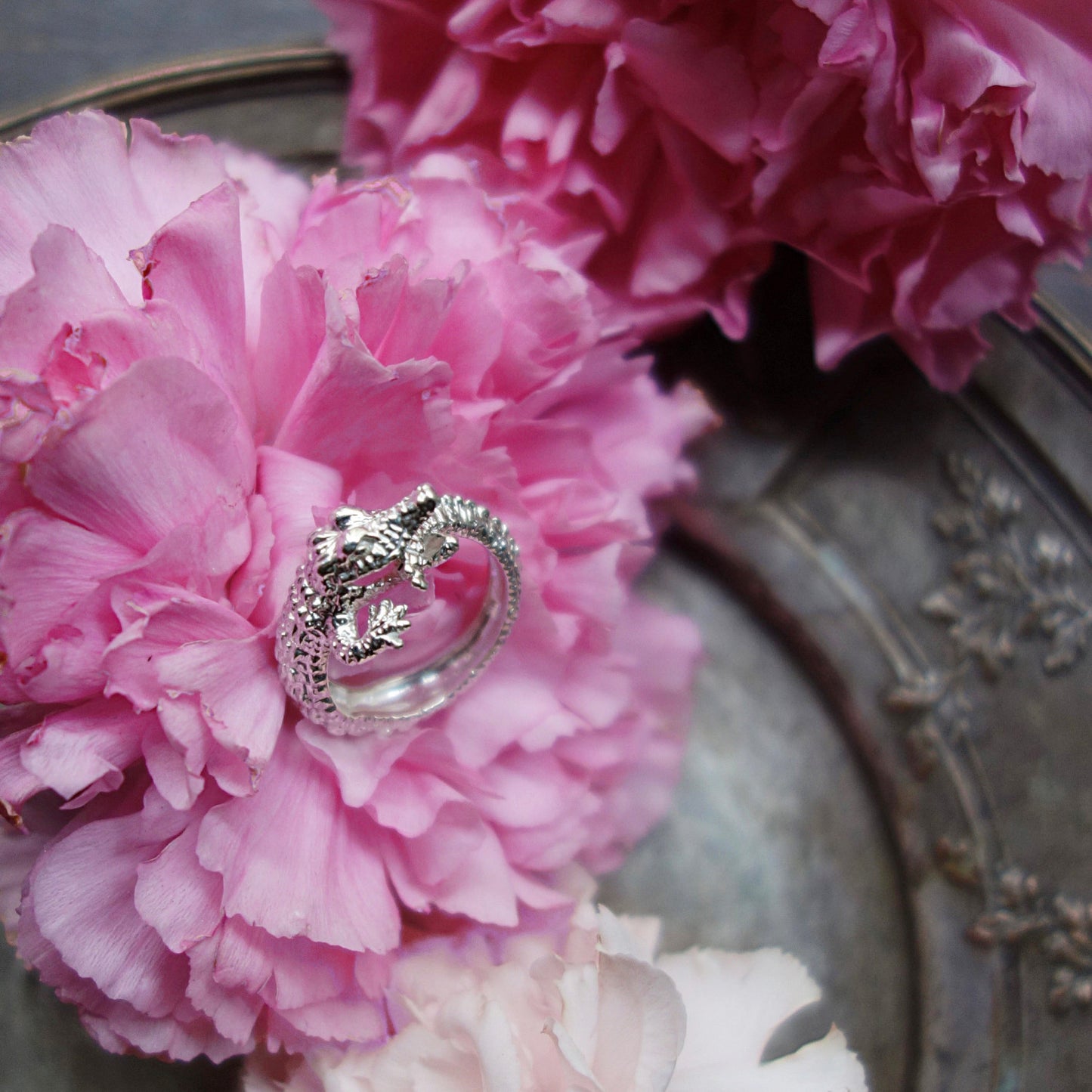 Crocodile ring in silver925 displayed among flowers - poetic handmade animal jewelry from Paris.