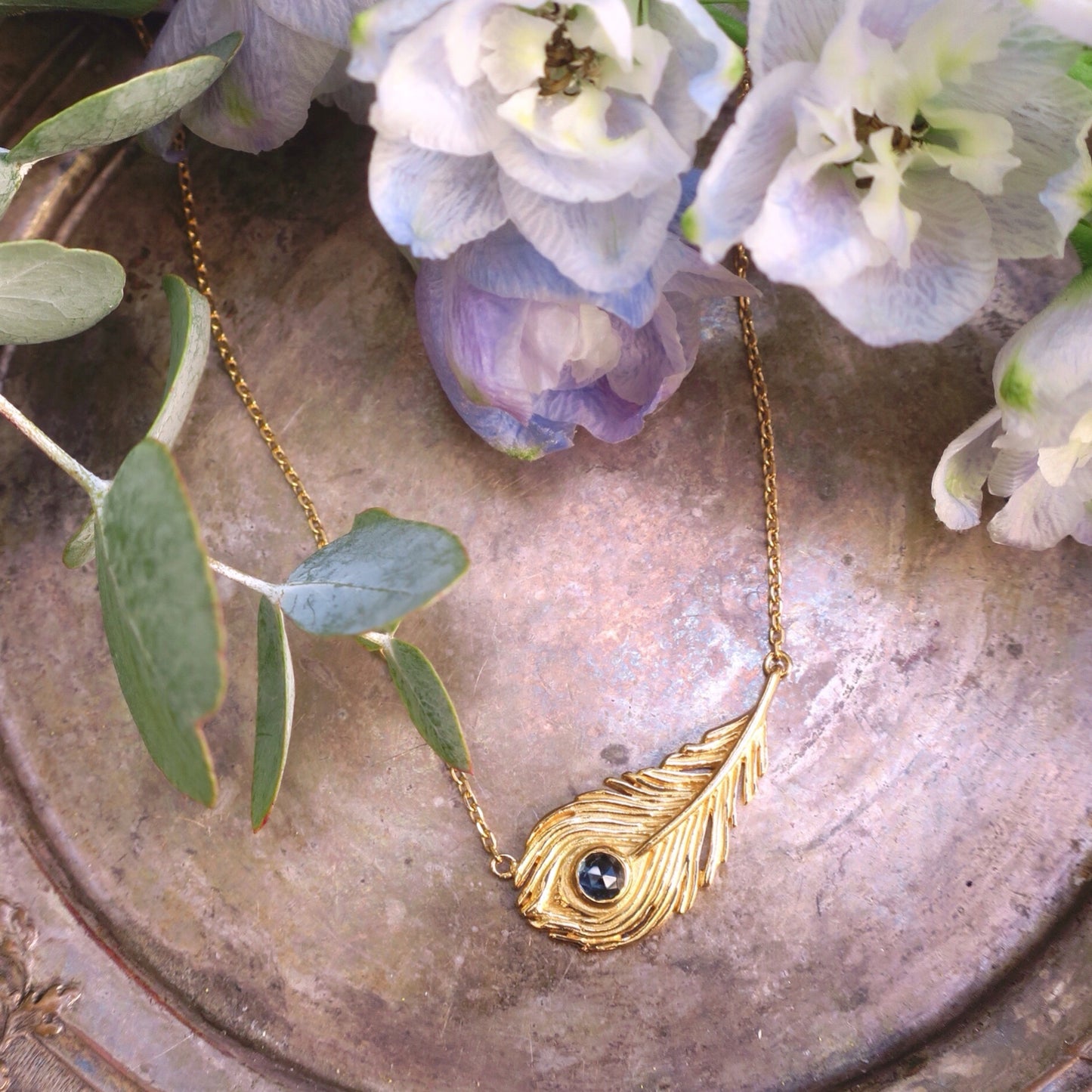 "Majestic" peacock feather necklace/ gold