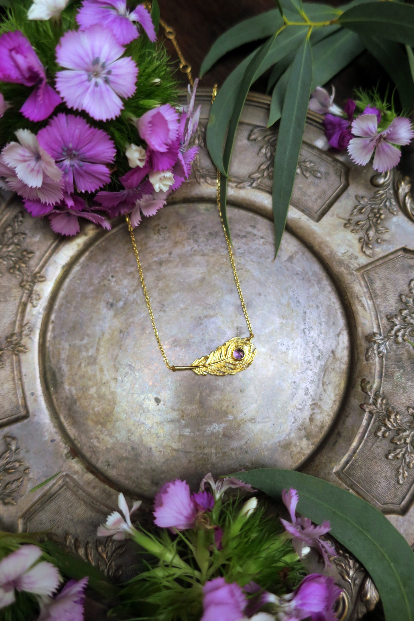 "Majestic" peacock feather necklace/ gold