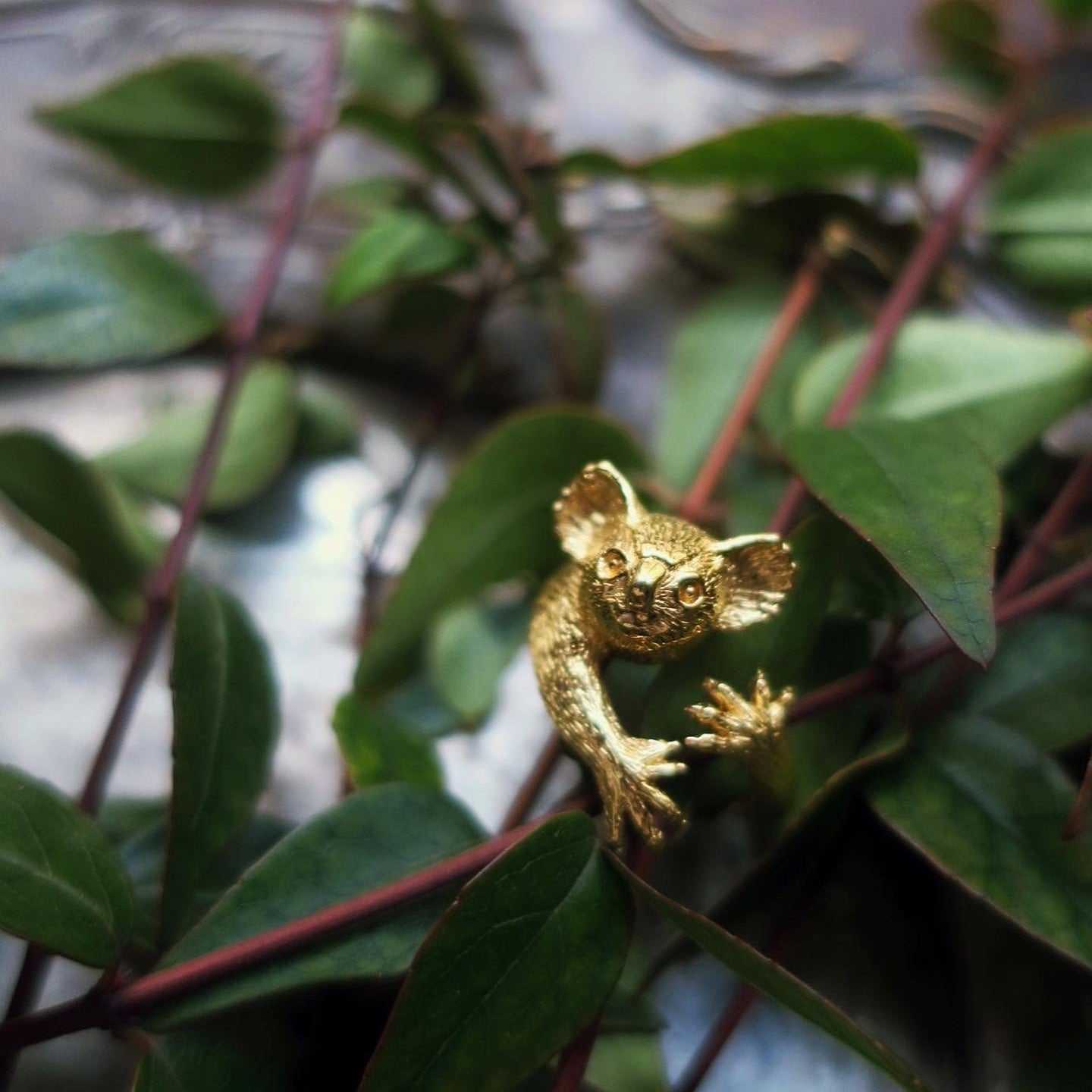 Gold koala ring photographed among green leaves, evoking nature and craftsmanship — unique animal jewelry handmade in Paris.