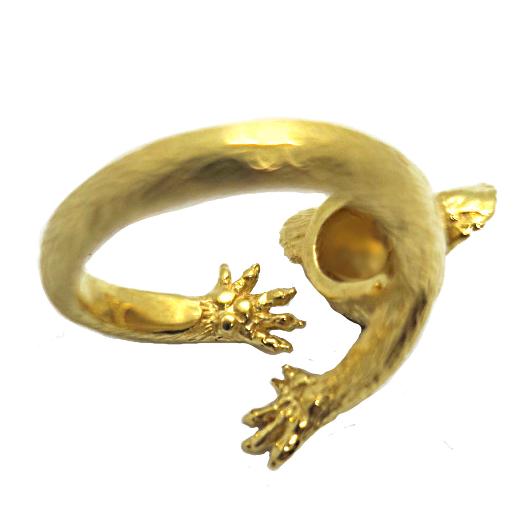 Open-end koala ring in gold finish, showing realistic paws and smooth band — contemporary animal jewelry design by Fusako Koike.
