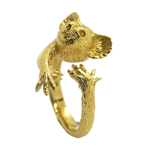 Gold koala ring viewed from the side, highlighting the sculpted fur and gentle curve — handmade animal jewelry crafted in Paris.