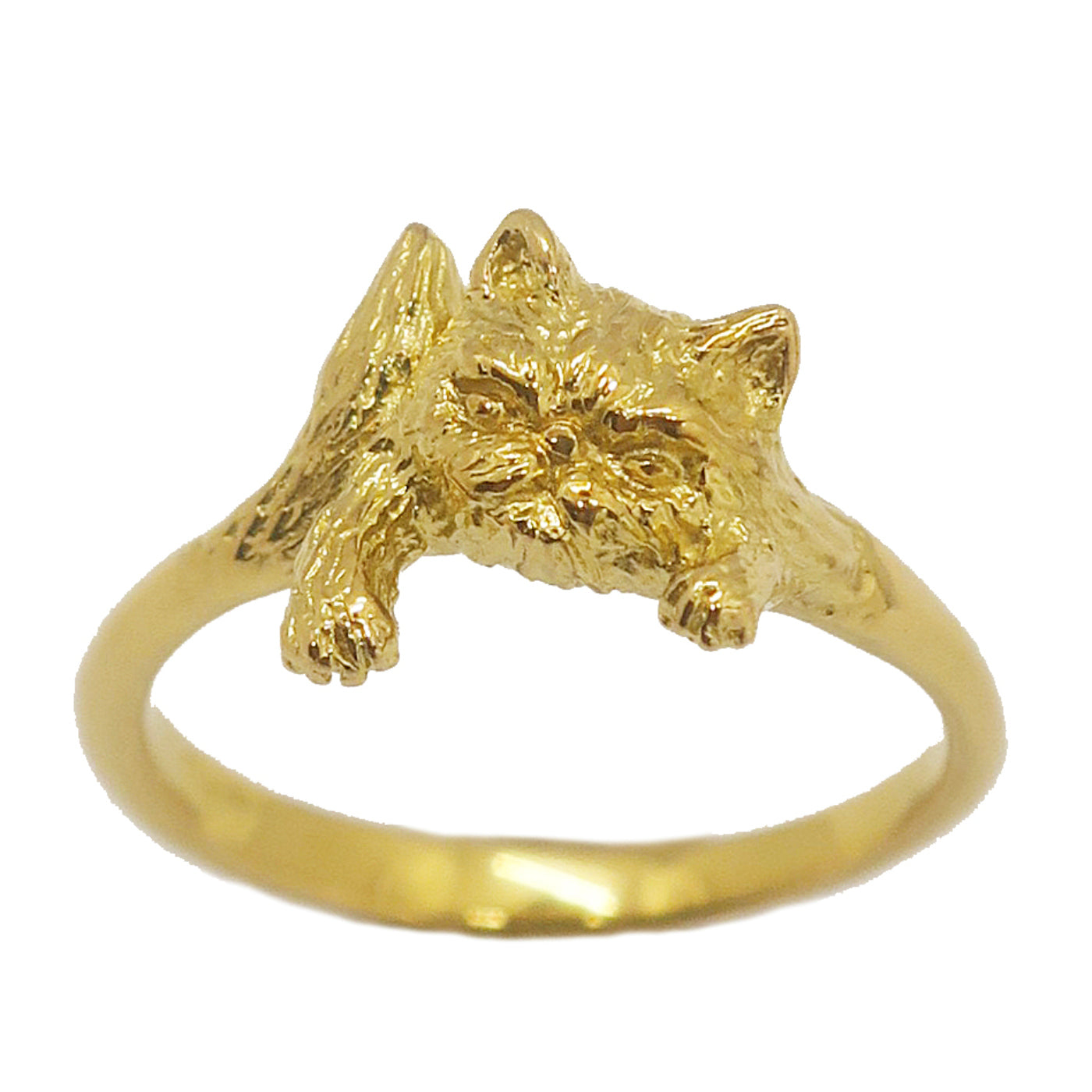 Exotic Shorthair cat pinky ring in gold-plated silver 925, hand-sculpted feline jewelry by Fusako Koike Paris
