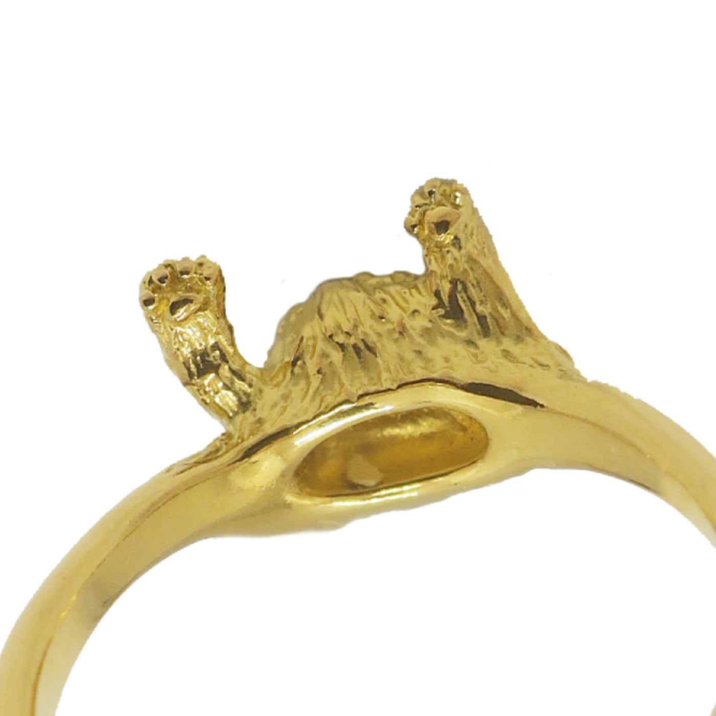 Exotic Shorthair cat pinky ring underside showing tiny hand-carved paw pads in gold-plated silver 925