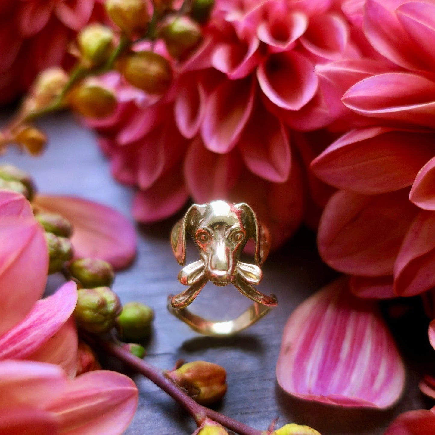 Gold-plated silver dog ring nestled between blooming dahlias — sculptural animalier piece echoing the grace of Weimaraner, Beagle, and Doberman breeds, crafted by Fusako Koike in Paris.