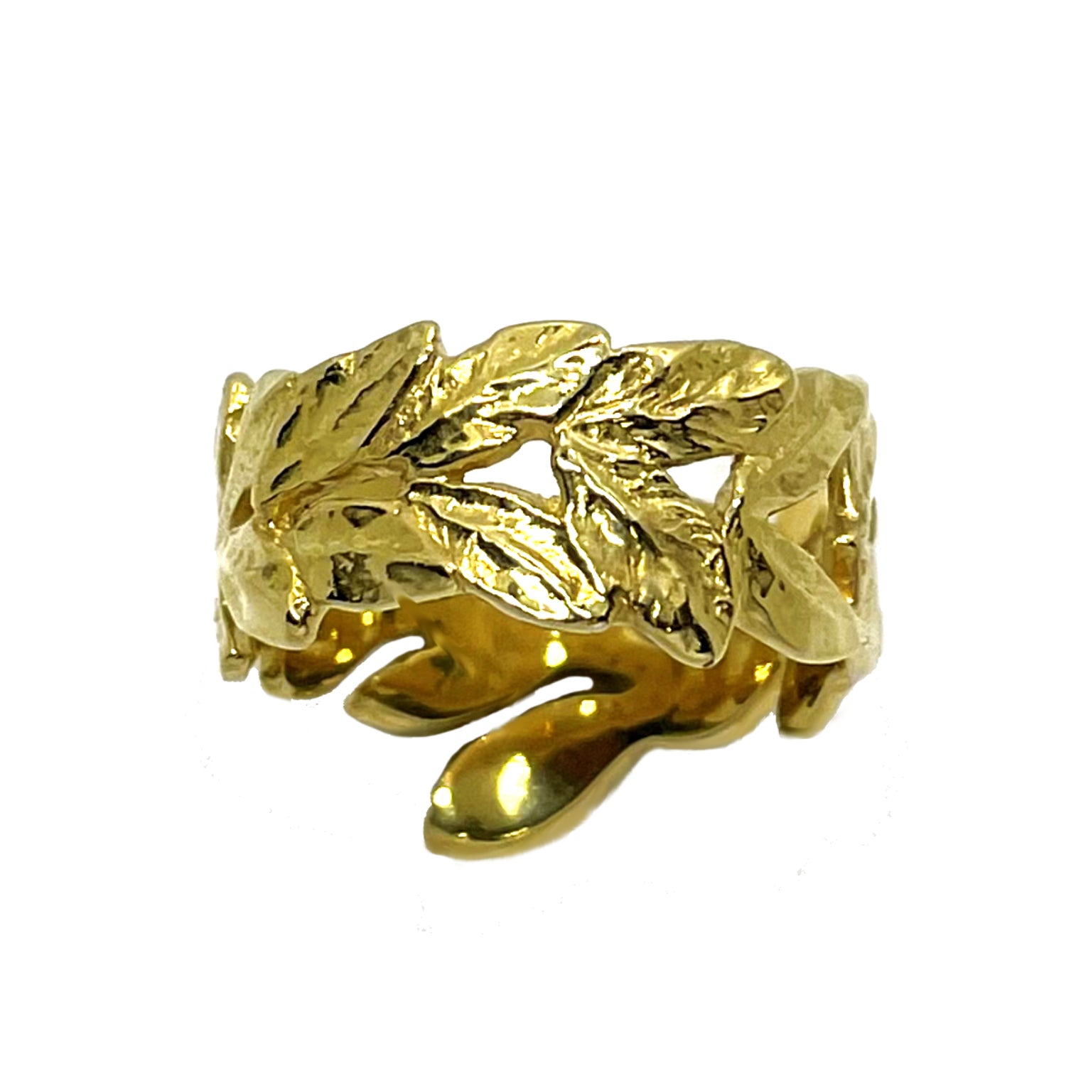 Sculptural laurel leaf ring in gold plated silver, handcrafted organic form showing volume, curves, and detailed leaf structure