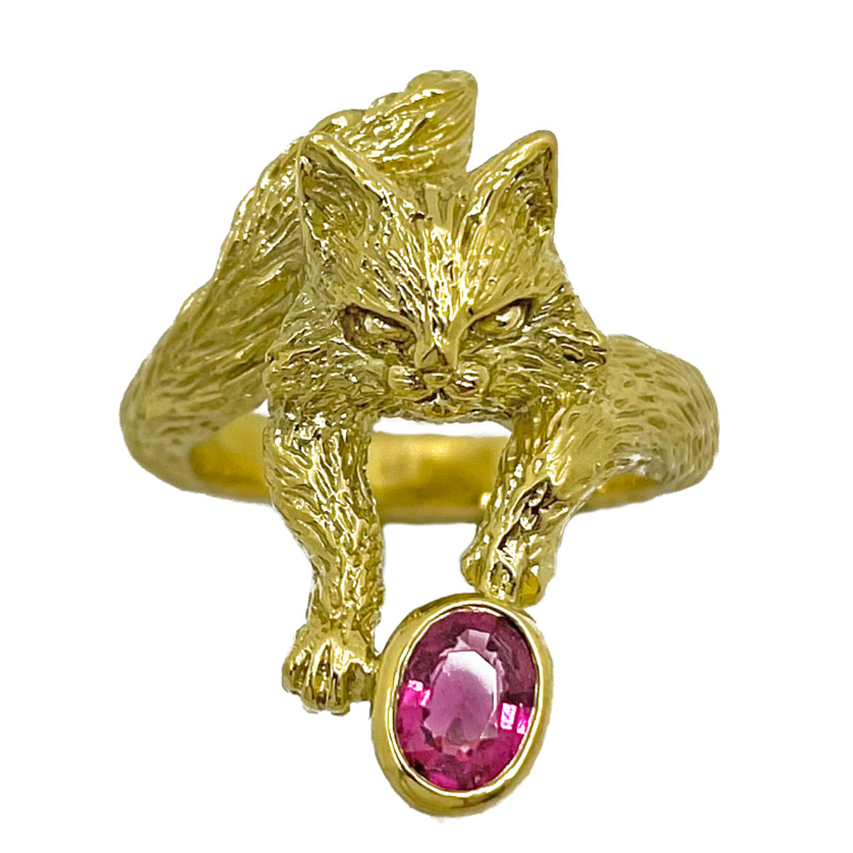 18K gold-plated sterling silver Maine Coon cat ring holding an oval-cut natural pink tourmaline