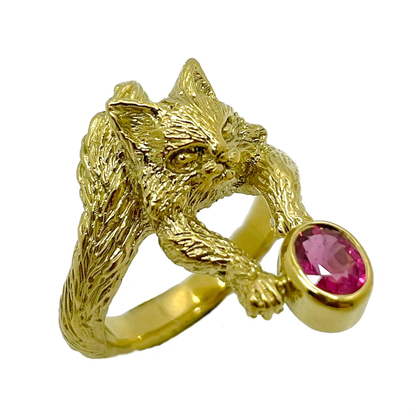 18K gold-plated sterling silver Maine Coon cat ring with natural pink tourmaline, angled view showing the cat profile and tail