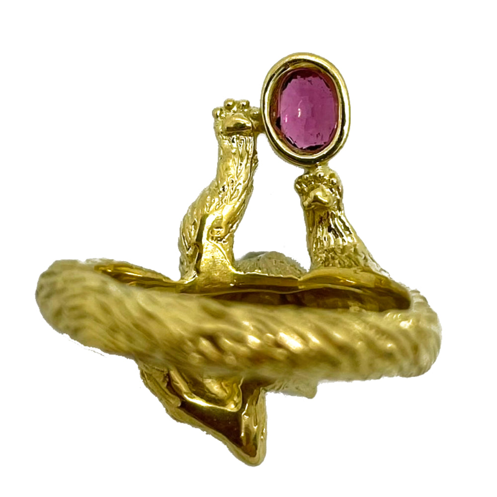 18K gold-plated sterling silver Maine Coon cat ring with natural pink tourmaline, underside view showing hand-carved paw pads