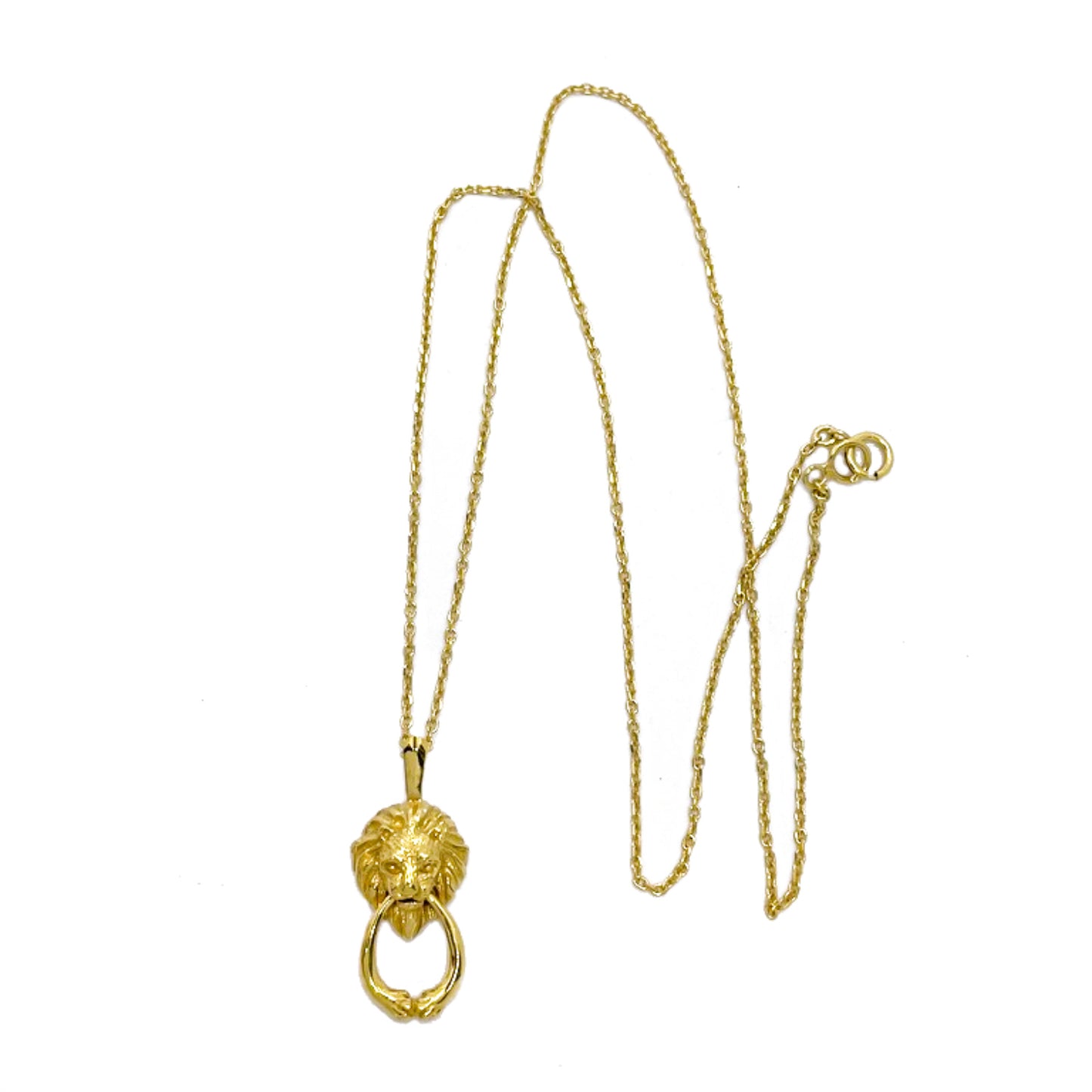 Full view of gold door-knocker style necklace with delicate chain, lion motif pendant sculpted in hand-crafted detail.