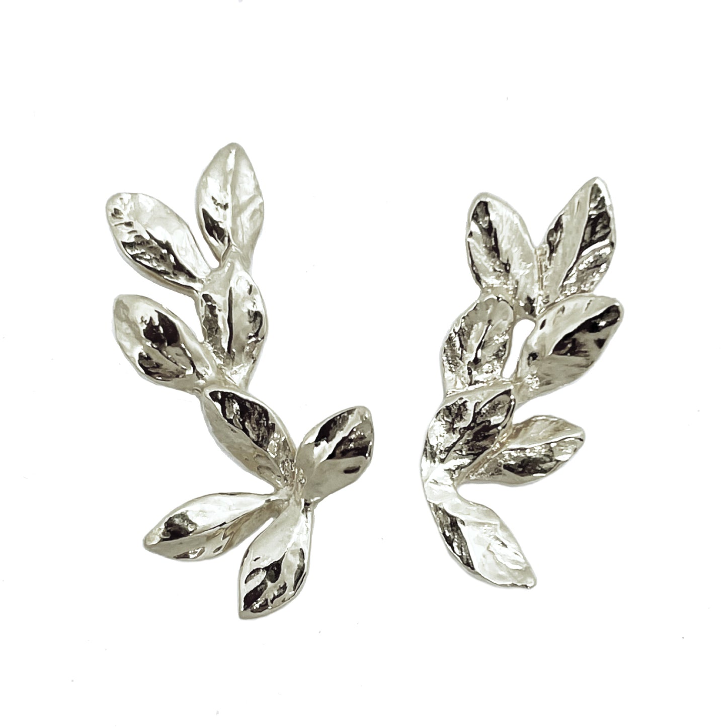 Hand-sculpted laurel leaf earrings in solid silver, asymmetrical botanical design inspired by myth, crafted in a Paris jewellery studio.