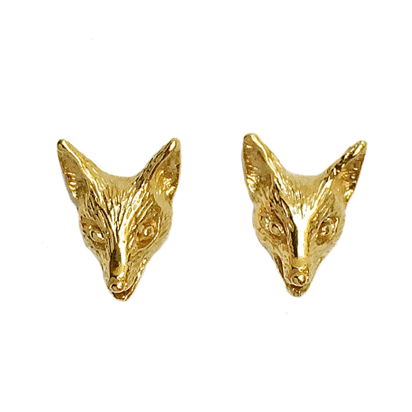Gold fox earrings featuring sculpted fox head motifs, handcrafted in 18K gold-plated sterling silver.