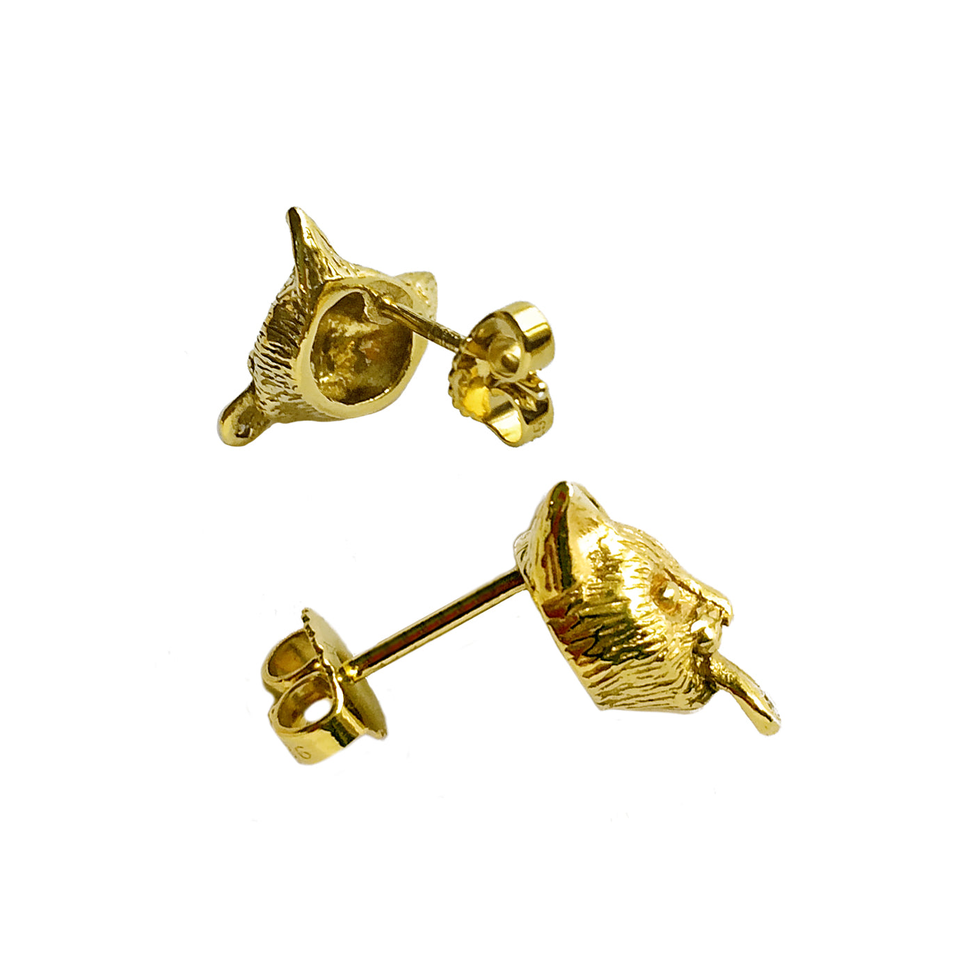Back and side view of gold-plated sterling silver cat stud earrings showing the detailed sculpting and tongue-set white sapphire. Handmade jewelry for cat-lovers.