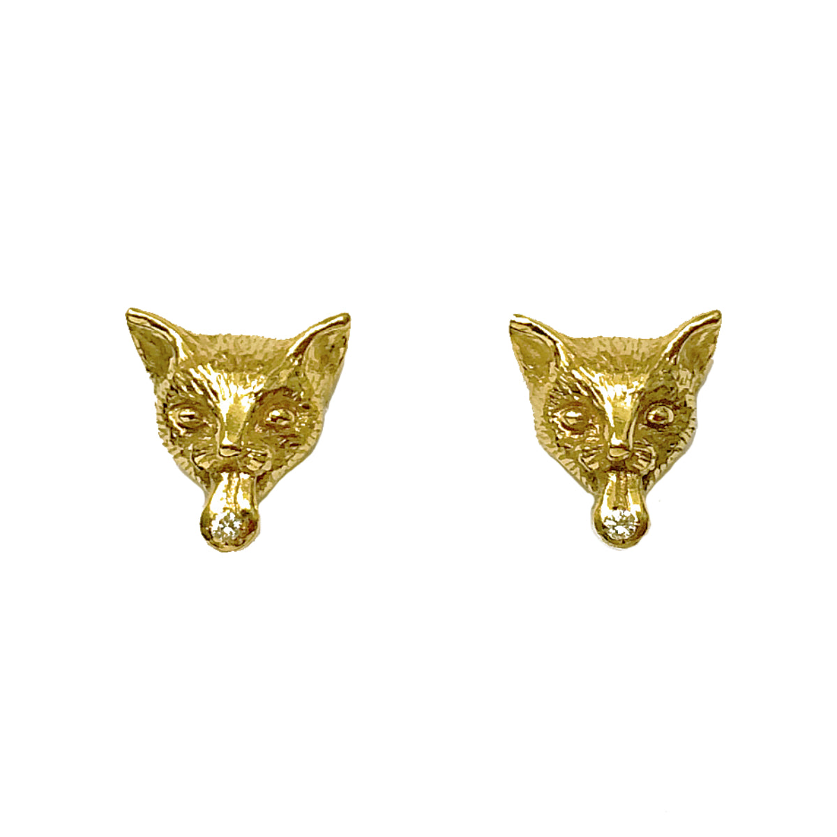 Hand-sculpted gold-plated sterling silver cat earrings with playful sticking-out tongues, each accented with a white sapphire. Artisan animal jewelry designed in Paris.