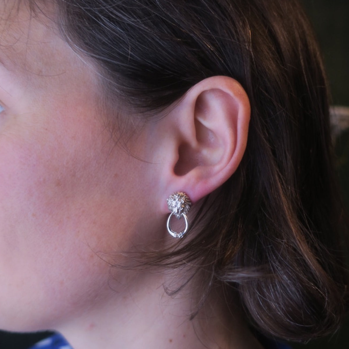 Lion door knocker earrings worn on ear, sterling silver statement earrings with movable ring, bold animal jewelry handcrafted in Paris