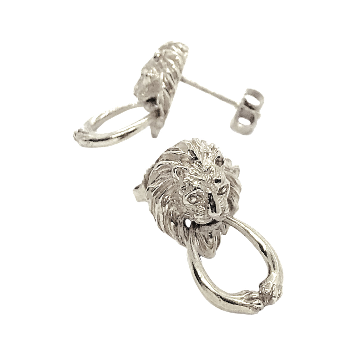 Sculptural lion door knocker earring in sterling silver with articulated ring detail, hand carved animal jewelry inspired by European antique door knockers