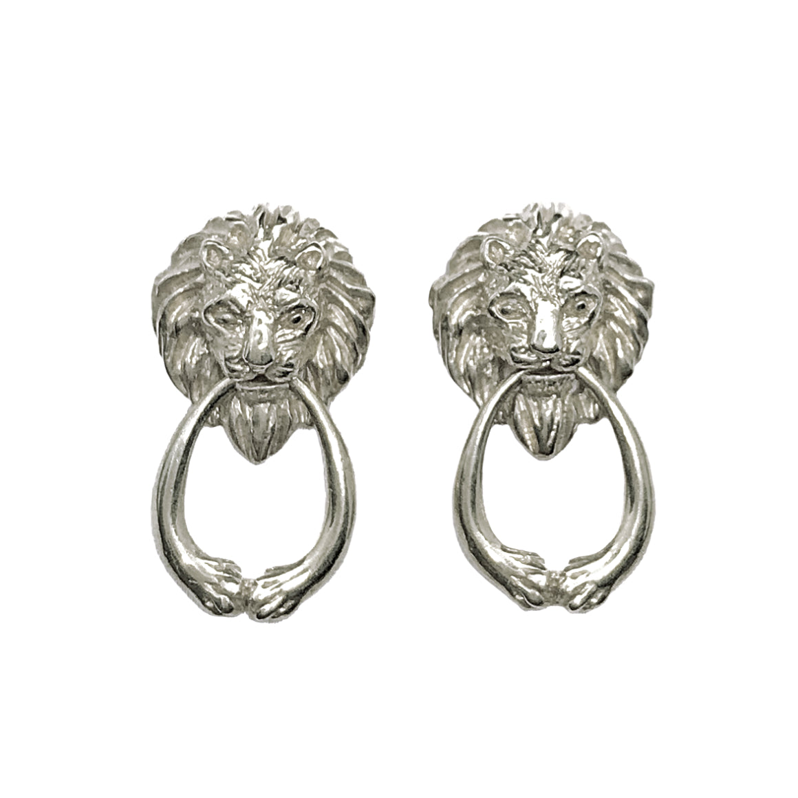 Lion door knocker earrings in sterling silver, featuring sculpted lion heads with movable rings, handcrafted artisan jewelry made in Paris