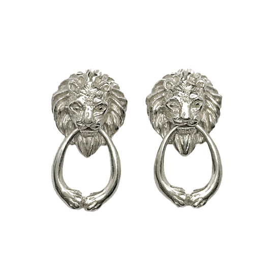 Lion door knocker earrings in sterling silver, featuring sculpted lion heads with movable rings, handcrafted artisan jewelry made in Paris