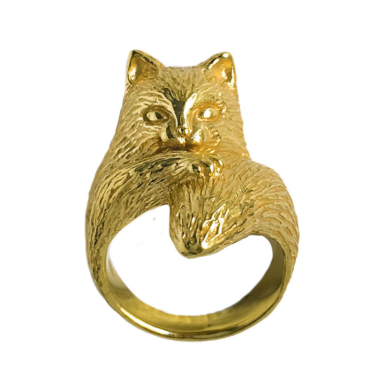 Hand-sculpted long-haired cat ring in 18K gold-plated sterling silver, showing detailed fur texture and a curled tail. Animal jewelry crafted in Paris.
