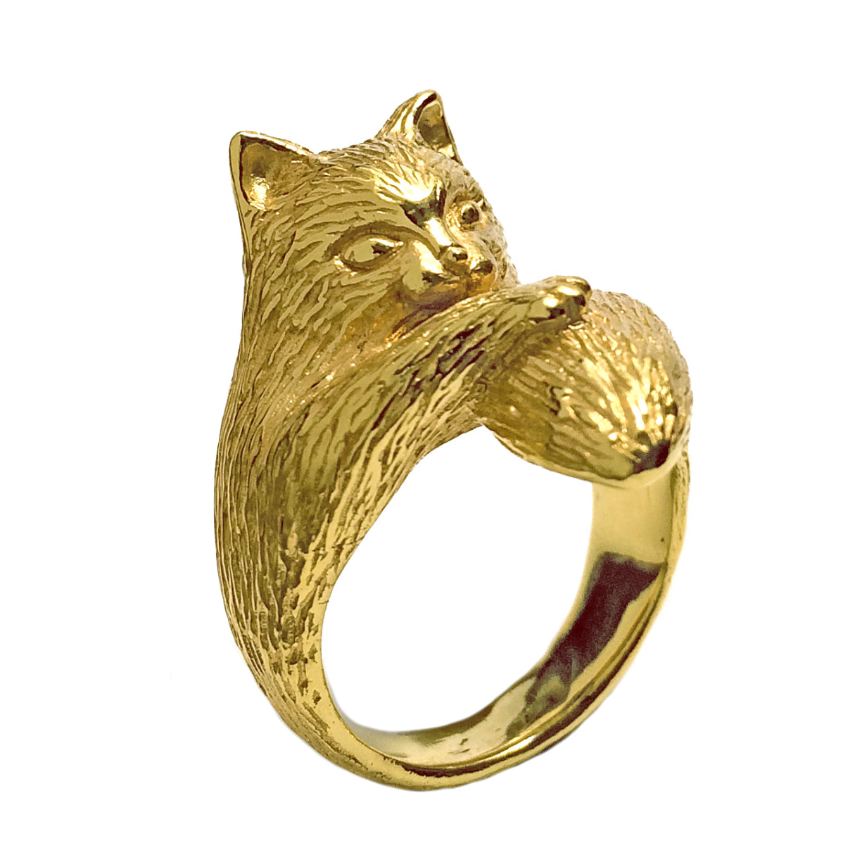 Gold-plated silver cat ring with fluffy long-hair texture and thick curved tail, shown from a three-quarter angle. Hand-sculpted animal ring for statement jewelry lovers.