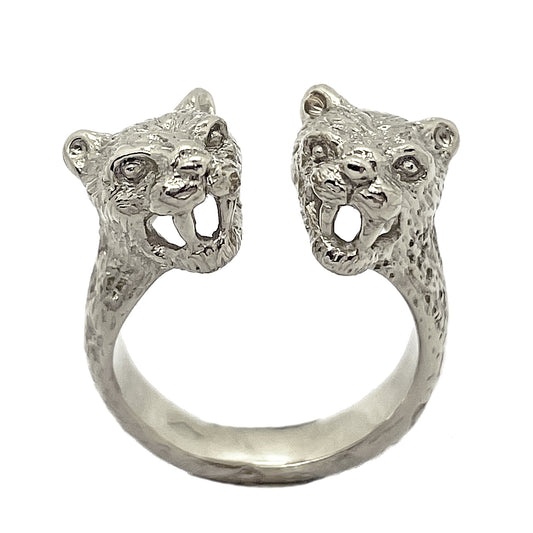 double head leopard ring in silver 925 open ring animal jewelry hand sculpted Paris Montmartre atelier