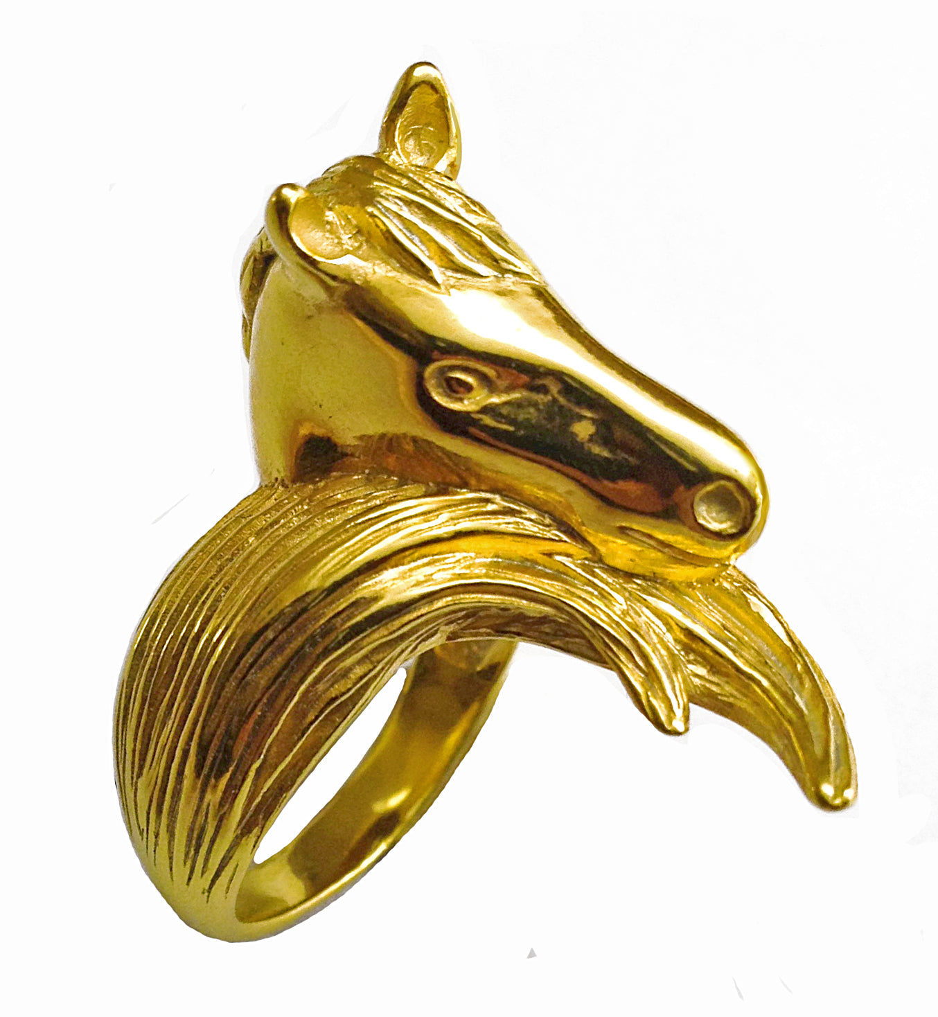 Unisex sculptural horse ring in 18K gold-plated sterling silver, animal motif jewelry highlighting the curved profile and polished surface, hand-crafted in Paris.