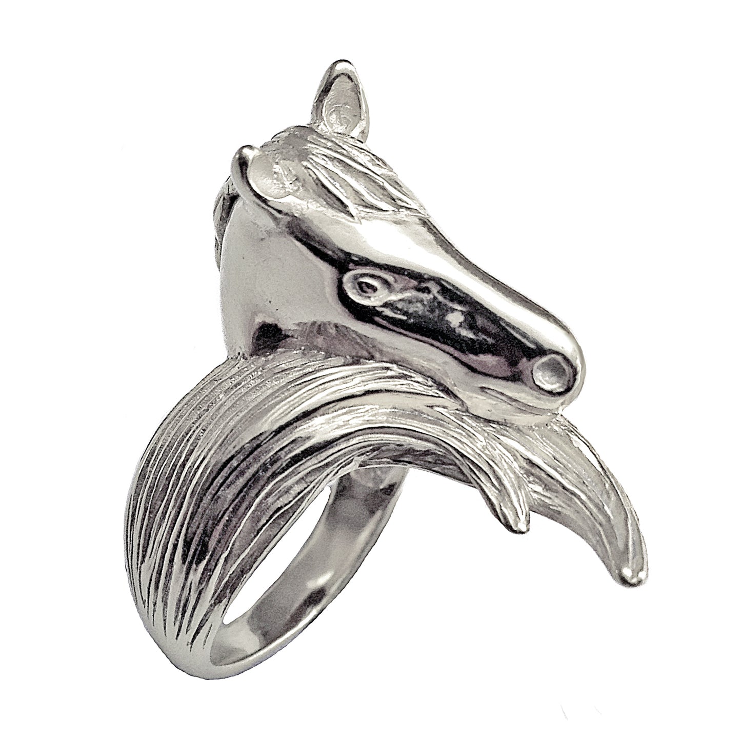 Sterling silver horse ring with sculptural volume and detailed mane curves, a unisex statement piece for lovers of fine silver jewellery and animal-inspired design.