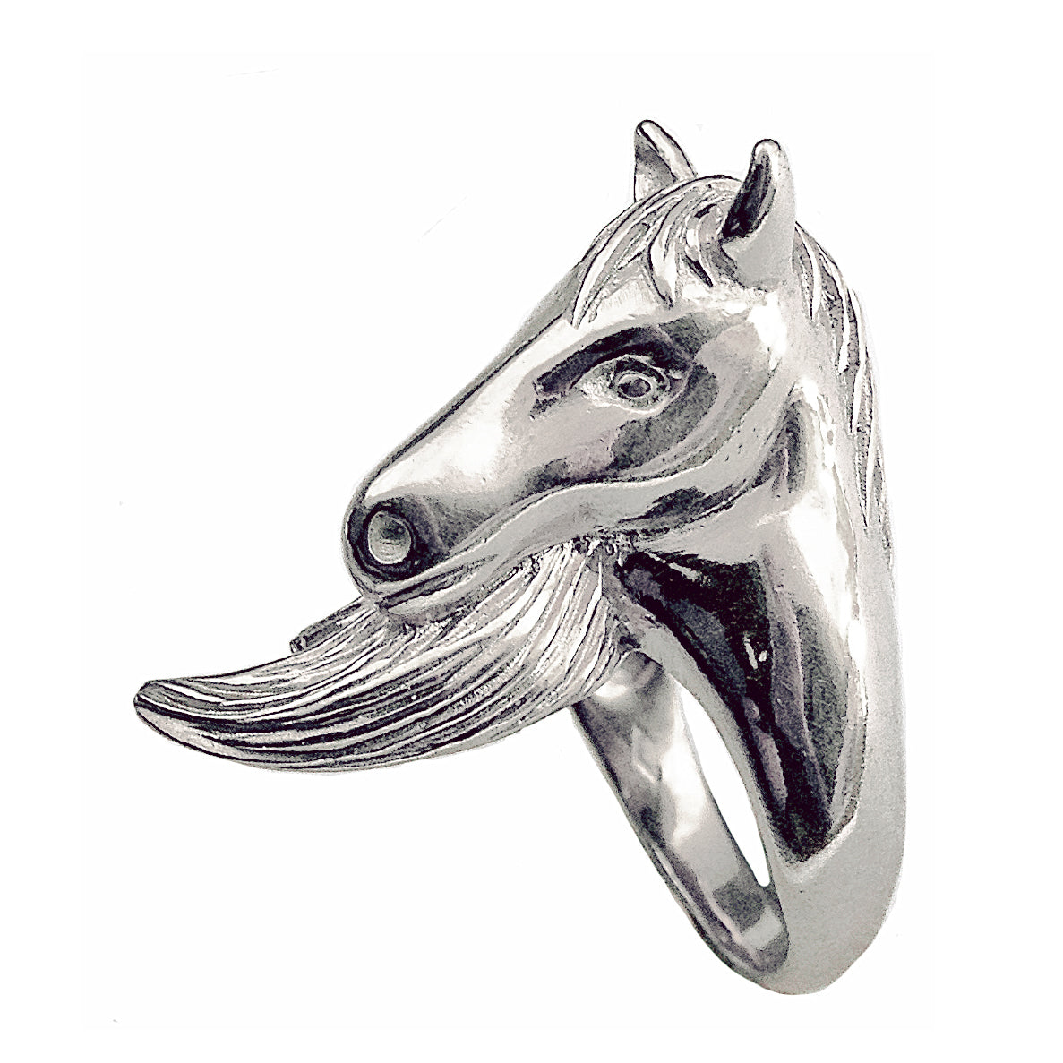 Hand-sculpted horse motif ring in polished sterling silver, showing mirror-finish textures and expressive contours — artisanal silver jewellery crafted in Paris.