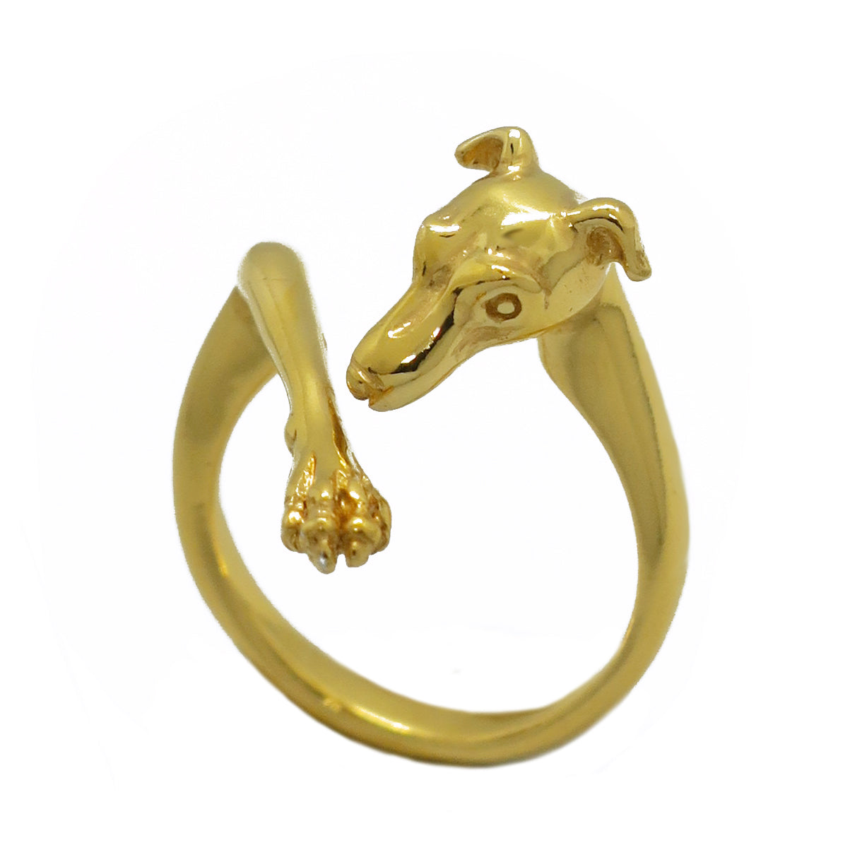 Gold-plated Sighthound ring — the “Guardien” design hand-sculpted in sterling silver, inspired by Italian Greyhounds and Whippets. Close-up of the detailed paw and muzzle.
