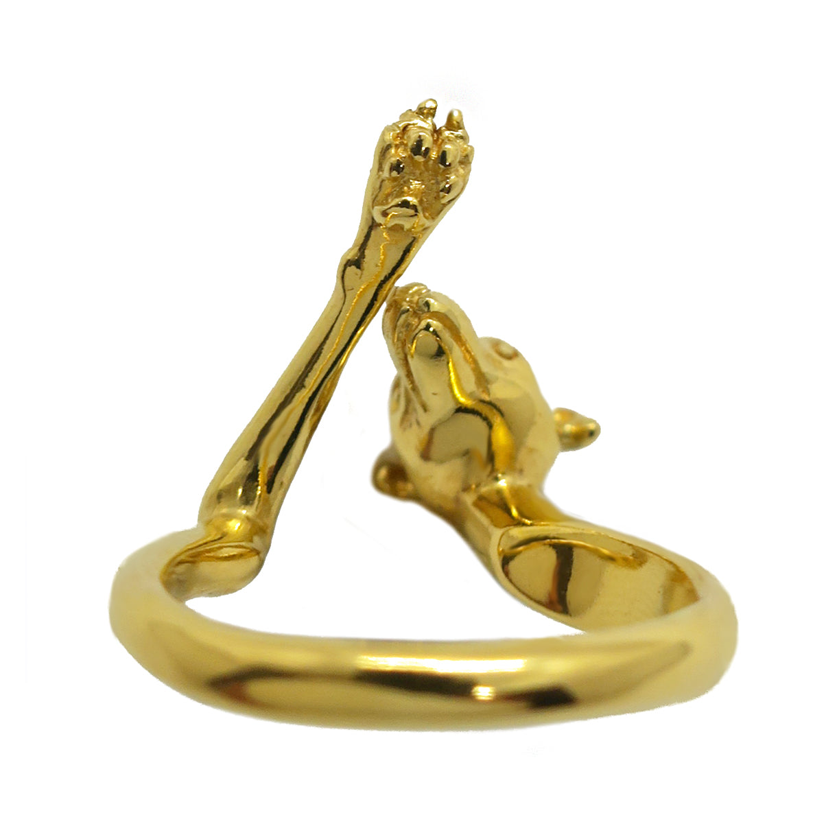 Detailed view of the “Guardien” Sighthound ring in gold-plated sterling silver, showing the sculpted paw pads and tiny claws. Handcrafted Italian Greyhound / Whippet inspired dog jewelry.