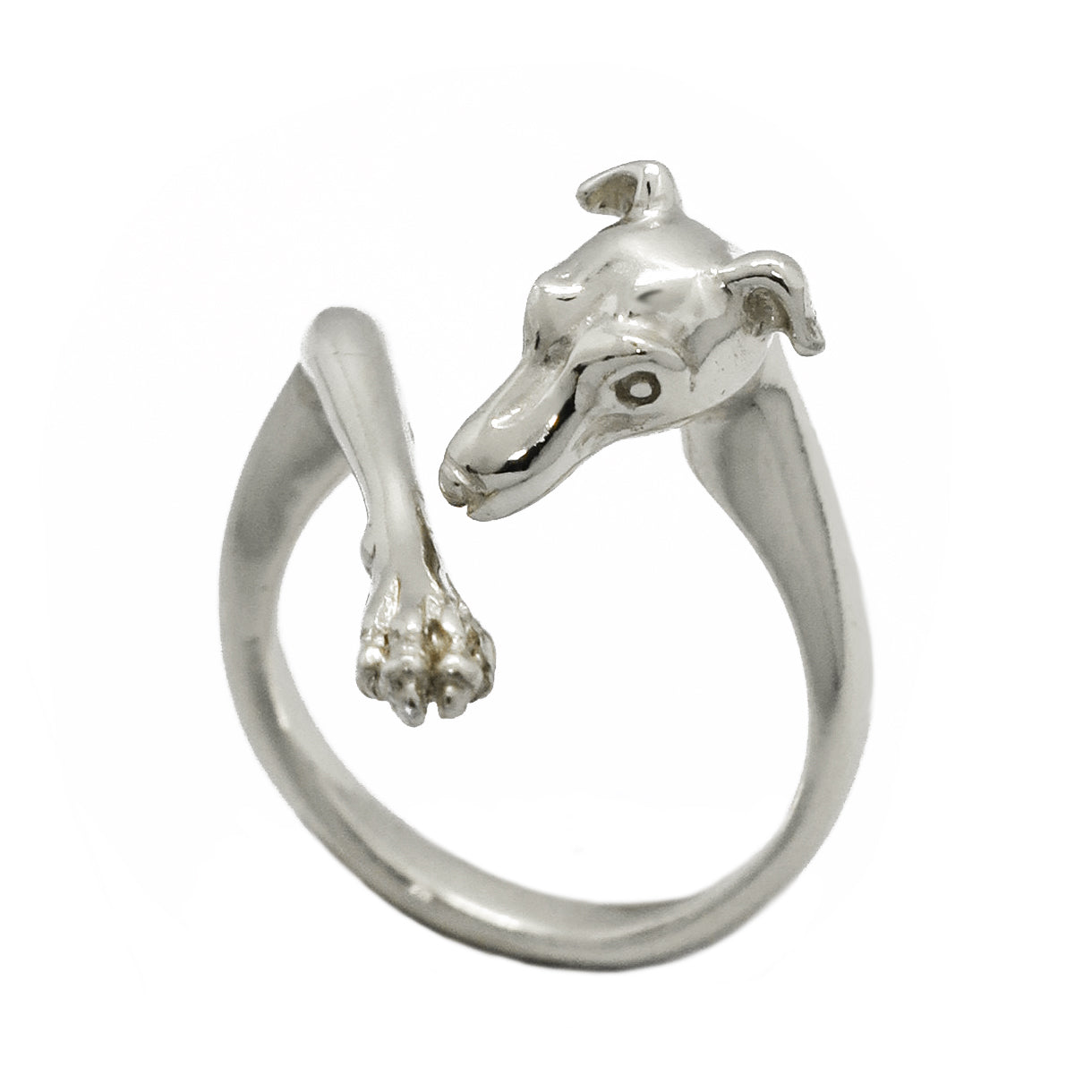Hand-sculpted sighthound ring in solid sterling silver, featuring the refined Italian Greyhound muzzle and elongated paw. Paris-made artisan animal jewelry for greyhound and whippet lovers.
