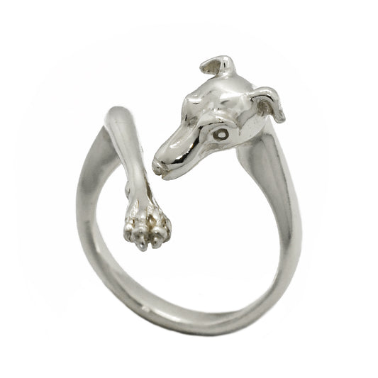 Hand-sculpted sighthound ring in solid sterling silver, featuring the refined Italian Greyhound muzzle and elongated paw. Paris-made artisan animal jewelry for greyhound and whippet lovers.