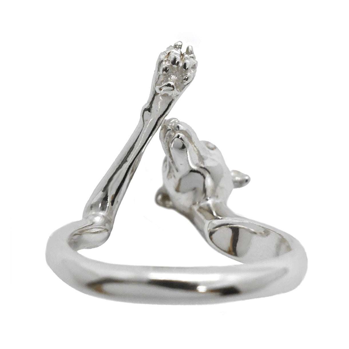 Detail view of the sterling silver Italian Greyhound ring, showing the finely carved paw pads and tiny claws on the underside — subtle craftsmanship typical of Paris-made handmade sighthound jewelry.