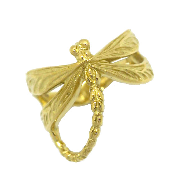Handcrafted gold-plated silver dragonfly ring with sculptural wings and curved tail, inspired by Art Nouveau motifs and nature.