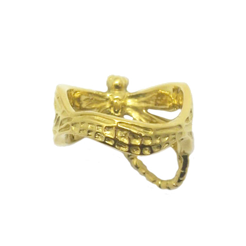 Gold dragonfly ring, showing delicate Art Nouveau–inspired carving details inside the band and textured wings, hand-sculpted in Paris.