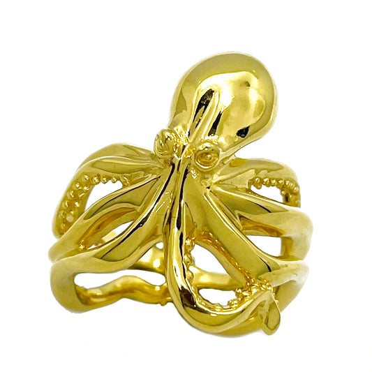 Gold-plated artisan octopus ring with flowing tentacle design, sculpted to resemble a lifelike marine creature; high-detail handcrafted jewelry inspired by ocean wildlife.