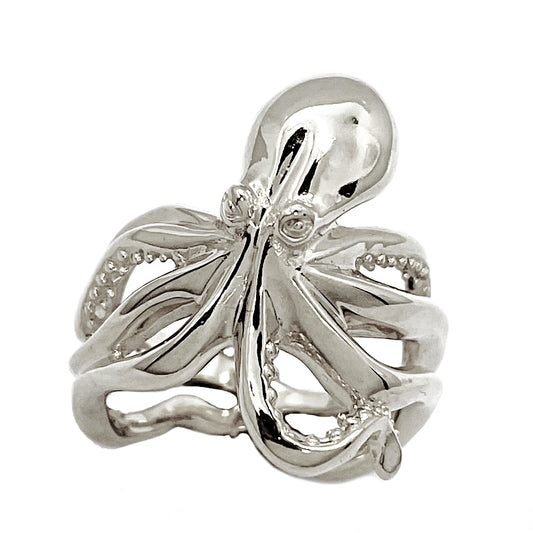 Sterlling silver artisan octopus ring with flowing tentacle design, sculpted to resemble a lifelike marine creature; high-detail handcrafted jewelry inspired by ocean wildlife.