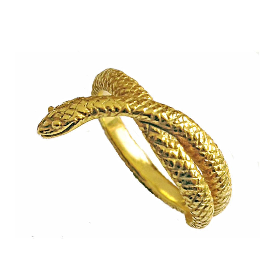 Hand-sculpted “Seeker” snake ring in 18K gold-plated sterling silver, coiled design with detailed scales, artisan jewelry handmade in Paris.