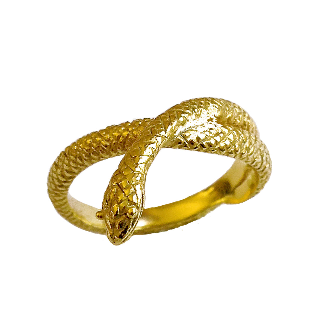 Elegant serpent-inspired ring in gold-plated silver, showing the textured body and curved silhouette of the “Seeker” snake ring.