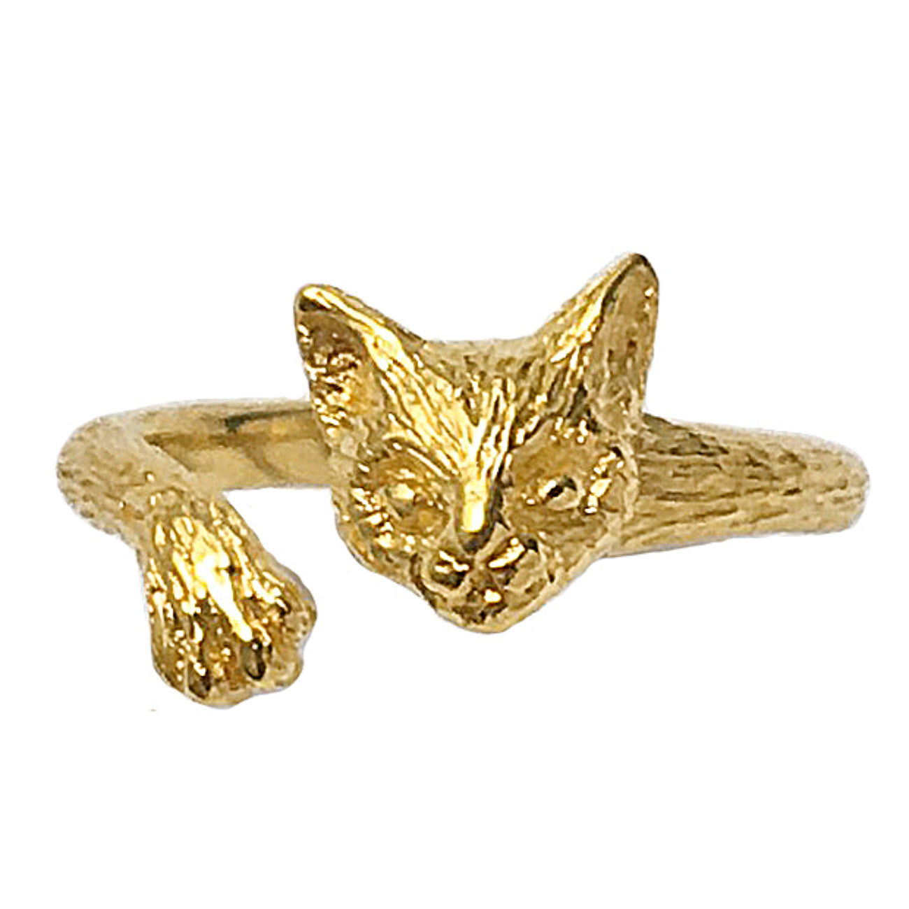 Gold cat face ring with a sculpted feline head and extended paw, handcrafted in 18K gold-plated sterling silver. Detailed fur texture and hidden paw pad engraving showcase Parisian artisanal jewelry craftsmanship.