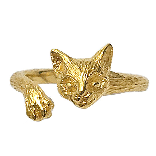 Gold cat face ring with a sculpted feline head and extended paw, handcrafted in 18K gold-plated sterling silver. Detailed fur texture and hidden paw pad engraving showcase Parisian artisanal jewelry craftsmanship.