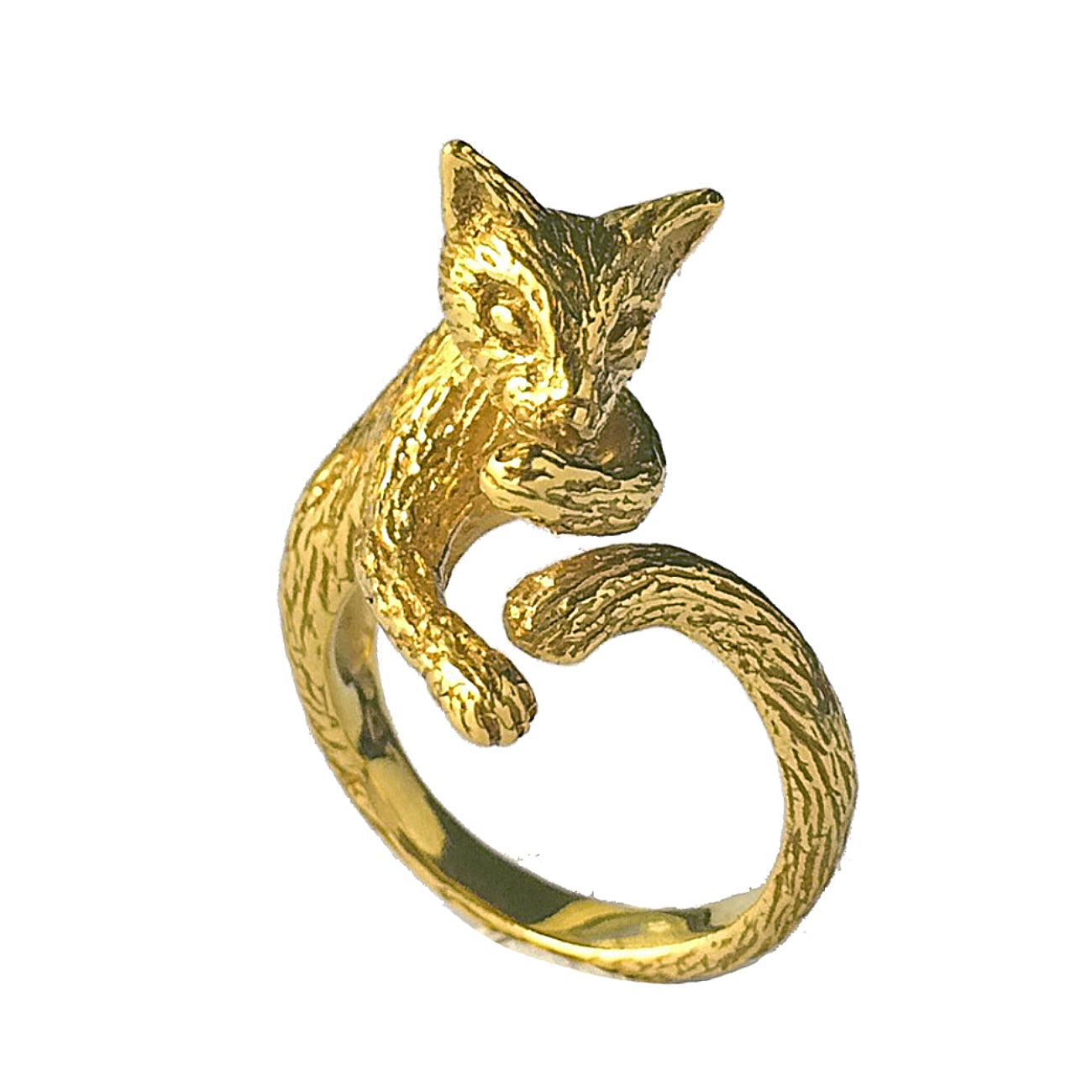 Cat open ring in 18K gold-plated silver 925, front view showing full cat body curled with hand-carved fur texture and alert expression