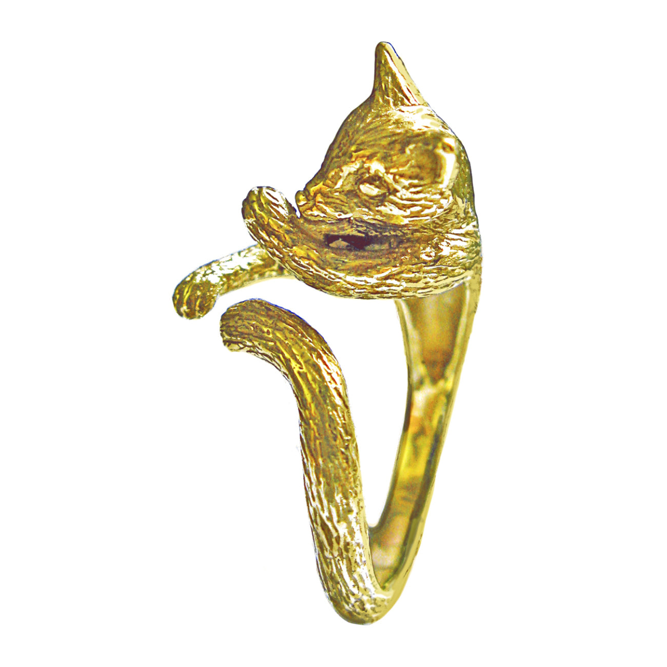 Cat open ring in 18K gold-plated silver 925, side view showing cat silhouette and curved tail detail