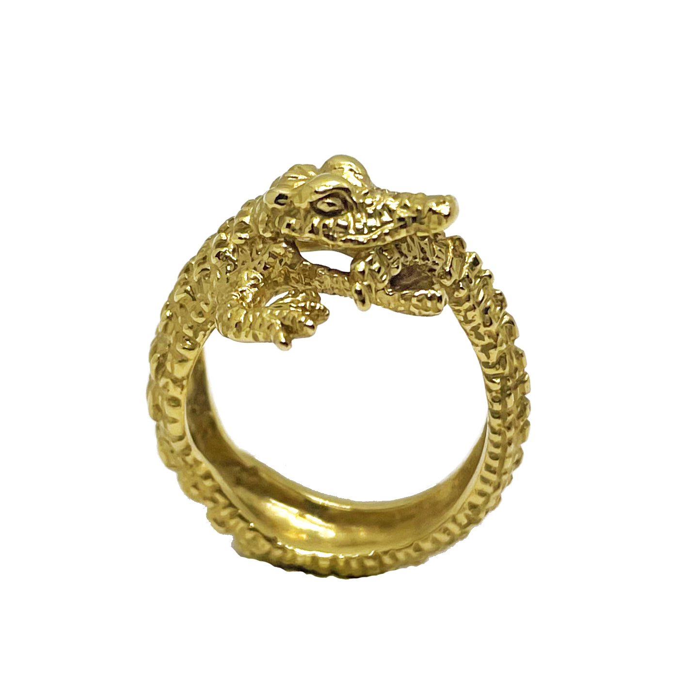 Crocodile ring in 18K gold-plated silver 925, front view showing hand-engraved scale texture and missing arm detail