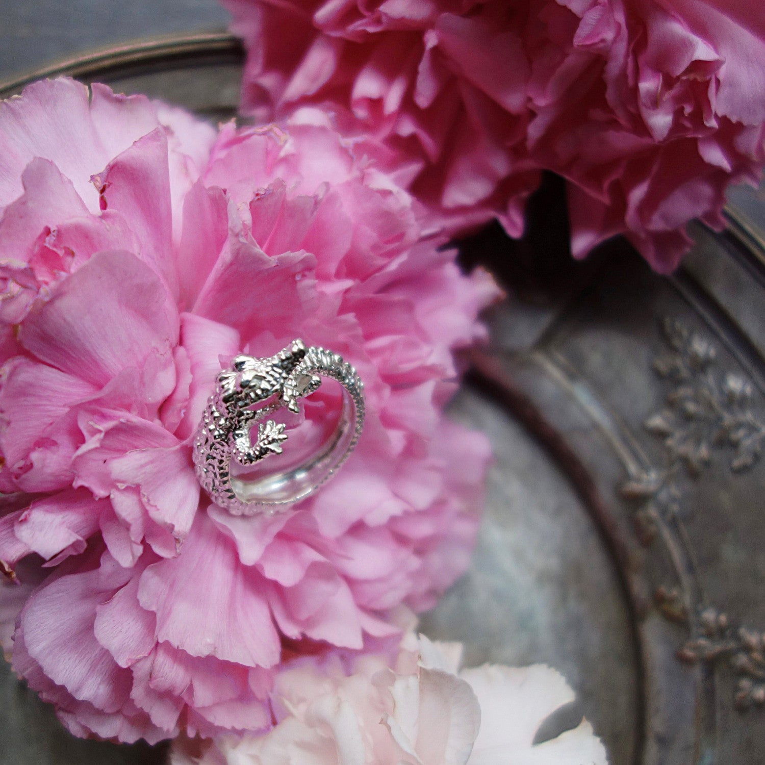 Crocodile ring in solid sterling silver 925 displayed among flowers, animal jewelry styling