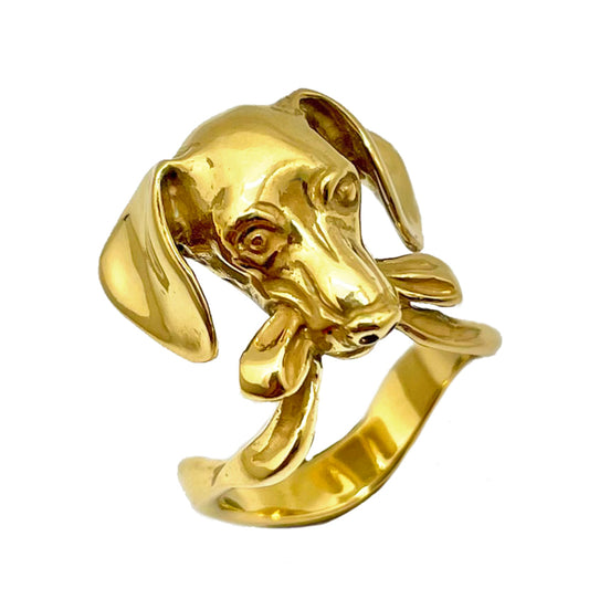 Dachshund dog ring in gold-plated silver 925, hand-sculpted animal jewelry