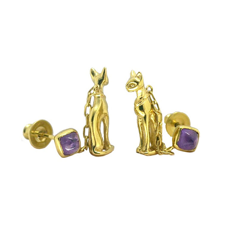 18K gold-plated silver 925 Egyptian cat earrings, side and back view showing the cat figures and amethyst studs