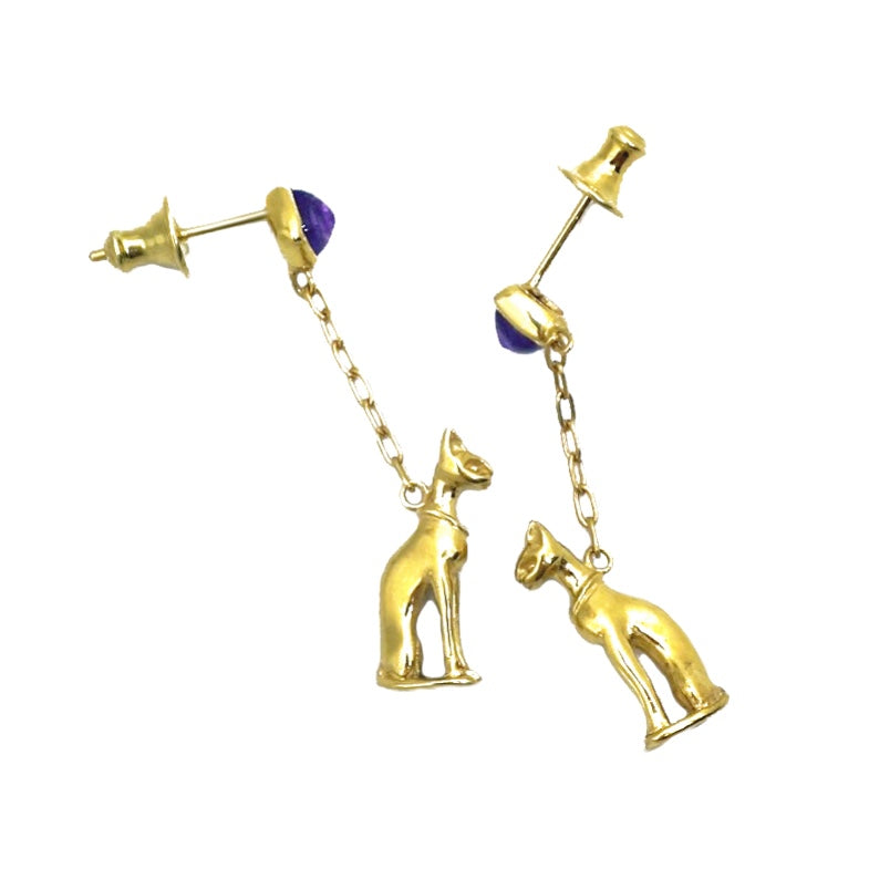 18K gold-plated silver 925 Egyptian cat earrings, angled view showing the chain drop, cat motif, and amethyst studs