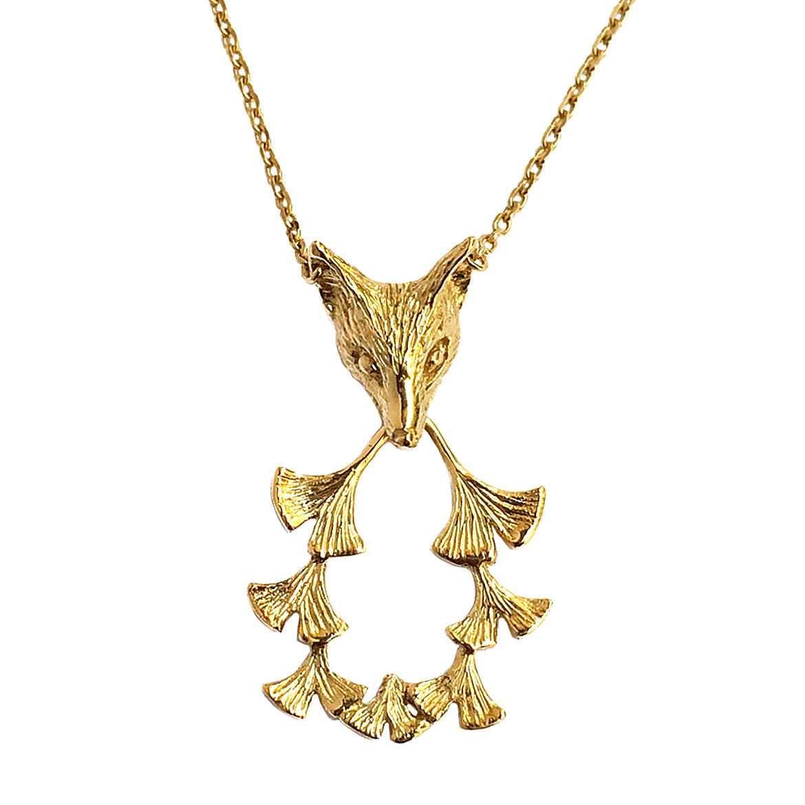 Fox & Ginkgos gold plated necklace on white background — fox head pendant holding ginkgo-leaf wreath